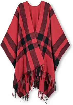 Dark Red Winter Chic Plaid Poncho Cardigan