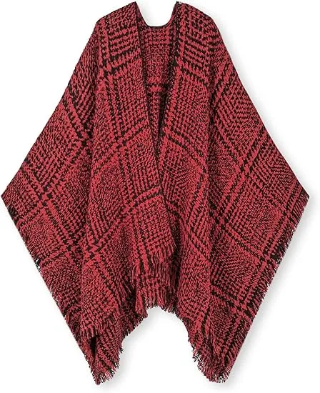 Dark Red Winter Chic Plaid Poncho Cardigan