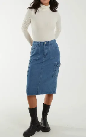 Denim Cargo Pocket Midi Skirt