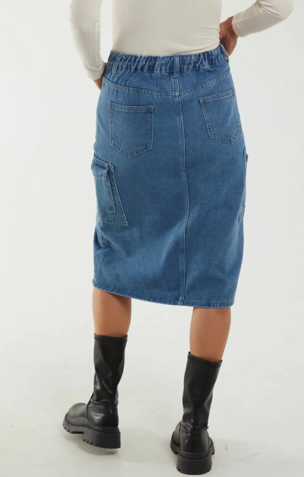 Denim Cargo Pocket Midi Skirt