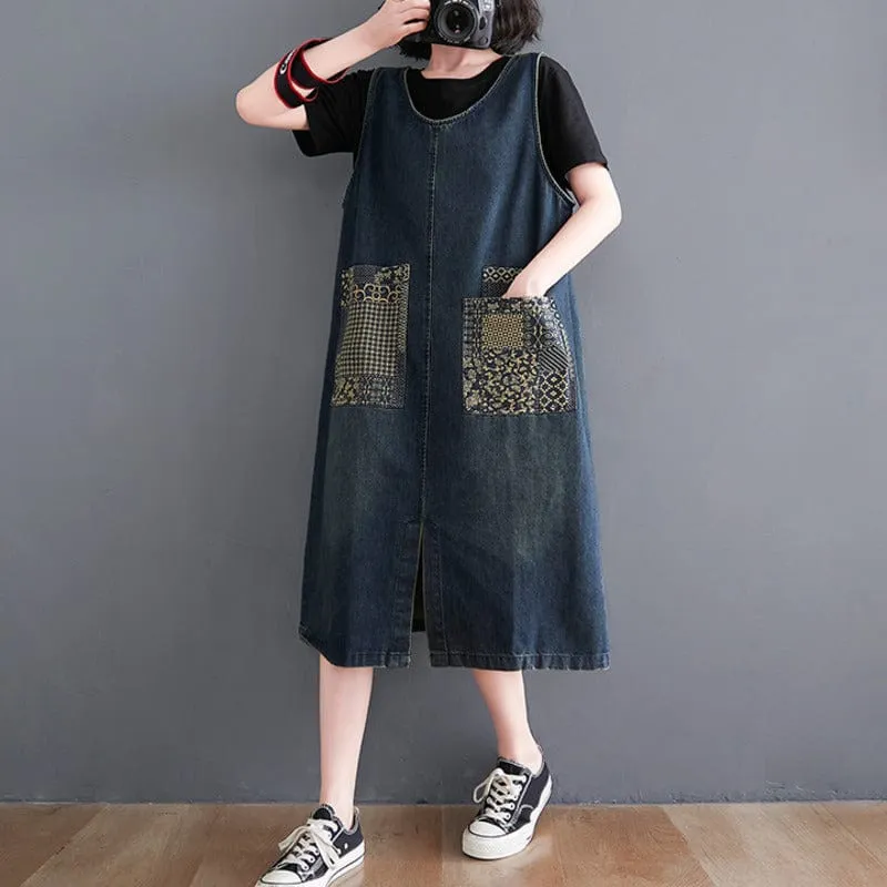 Denim Patchwork Midi Overall Dress