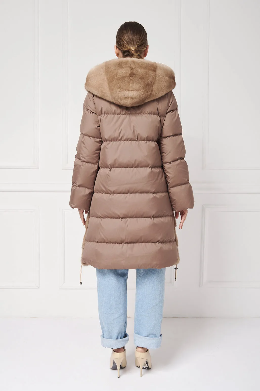 Down hooded coat with mink