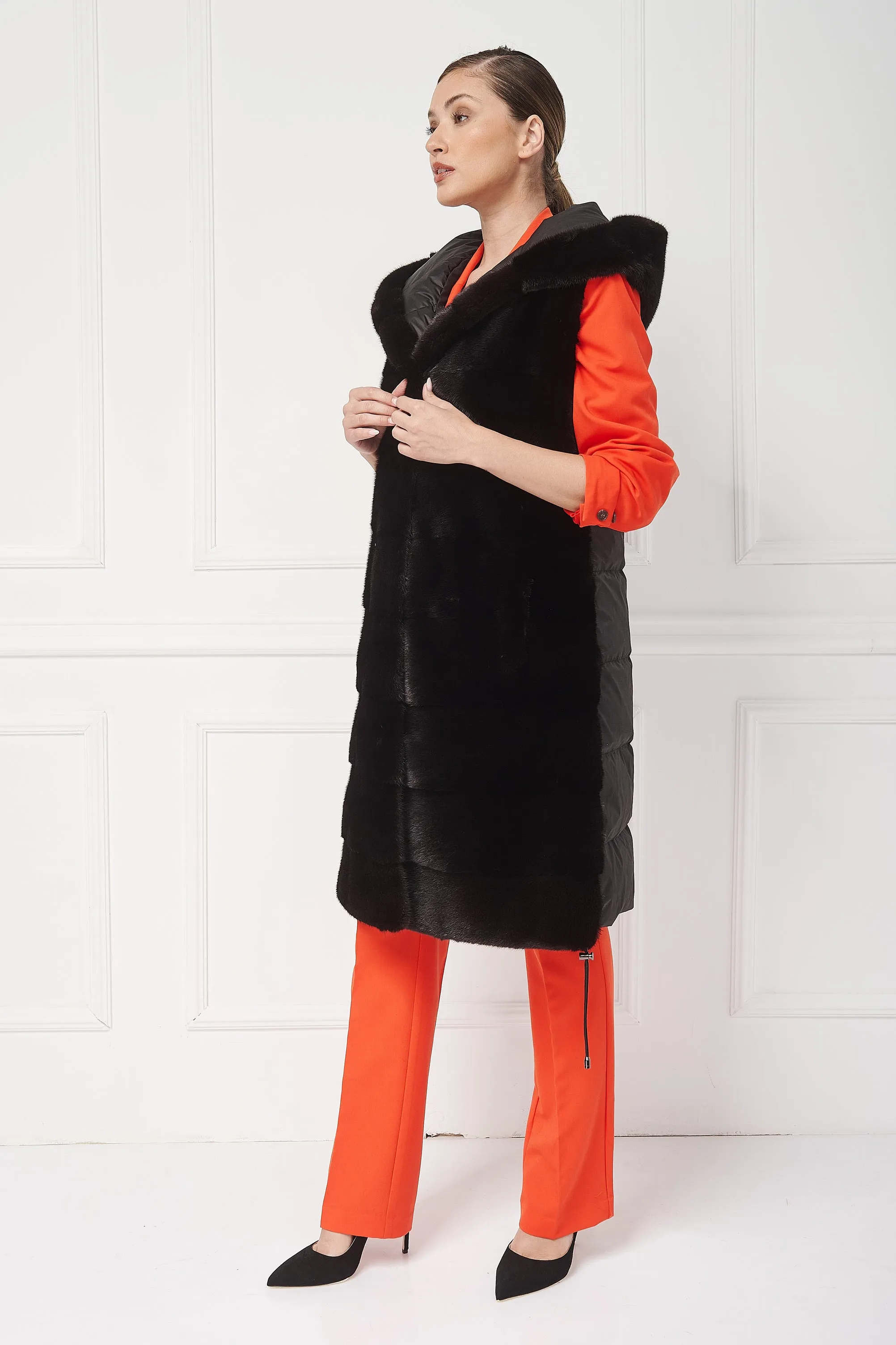 Down hooded coat with mink