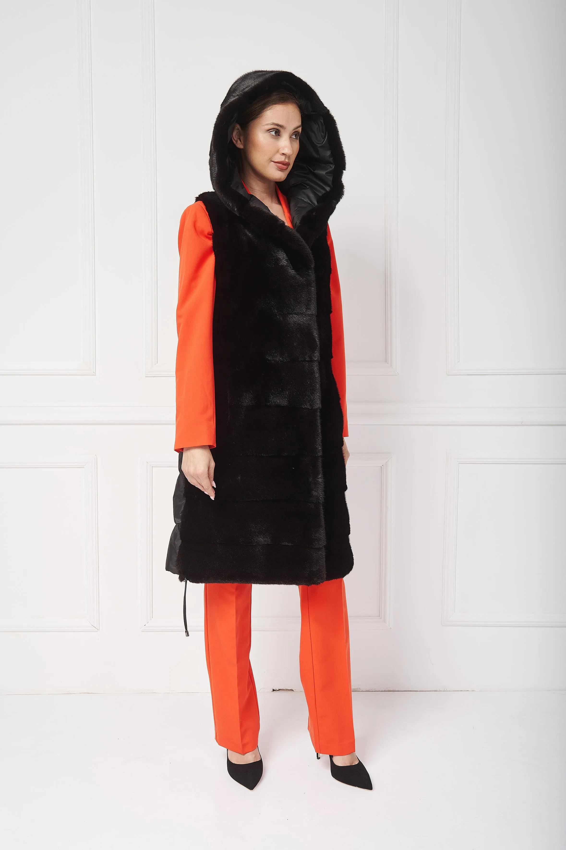 Down hooded coat with mink