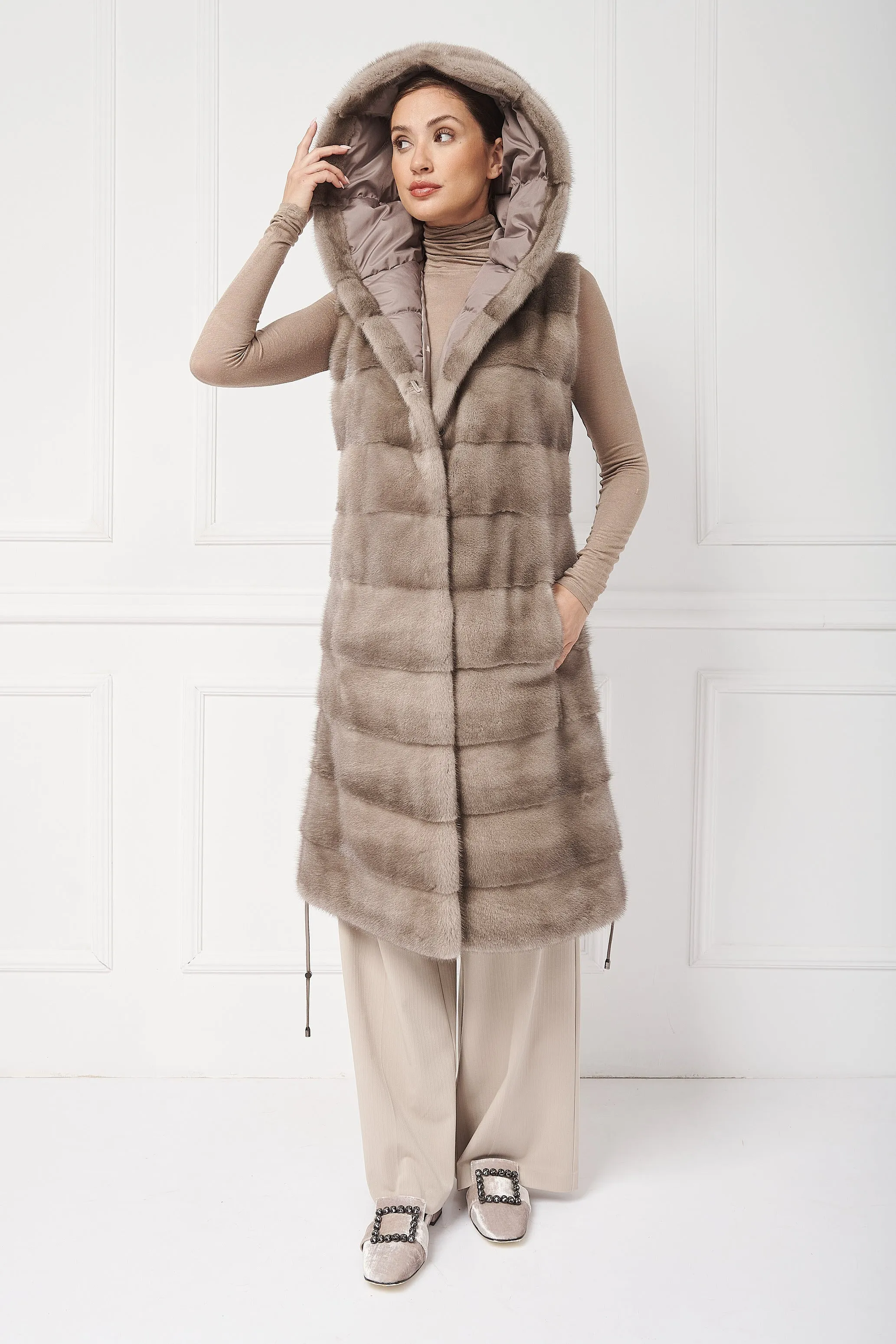 Down hooded coat with mink