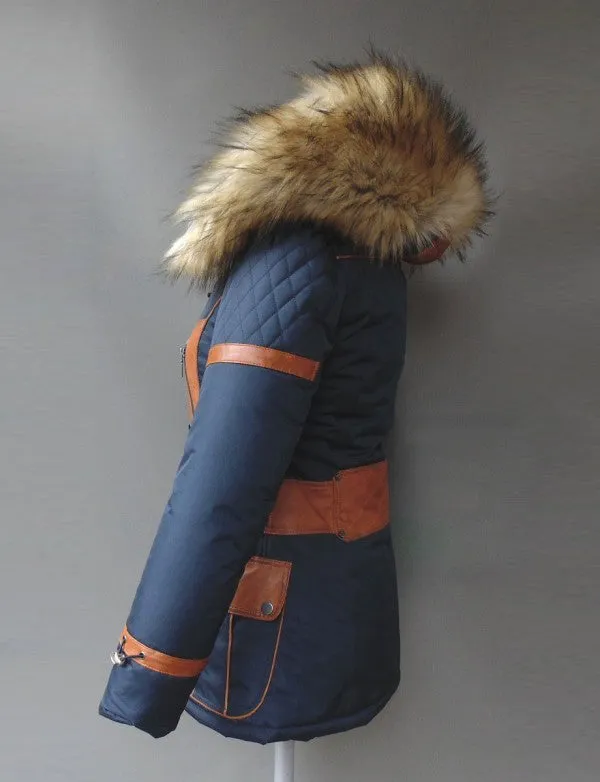 Down Jacket In Blue Fabric And Sheepskin Leather