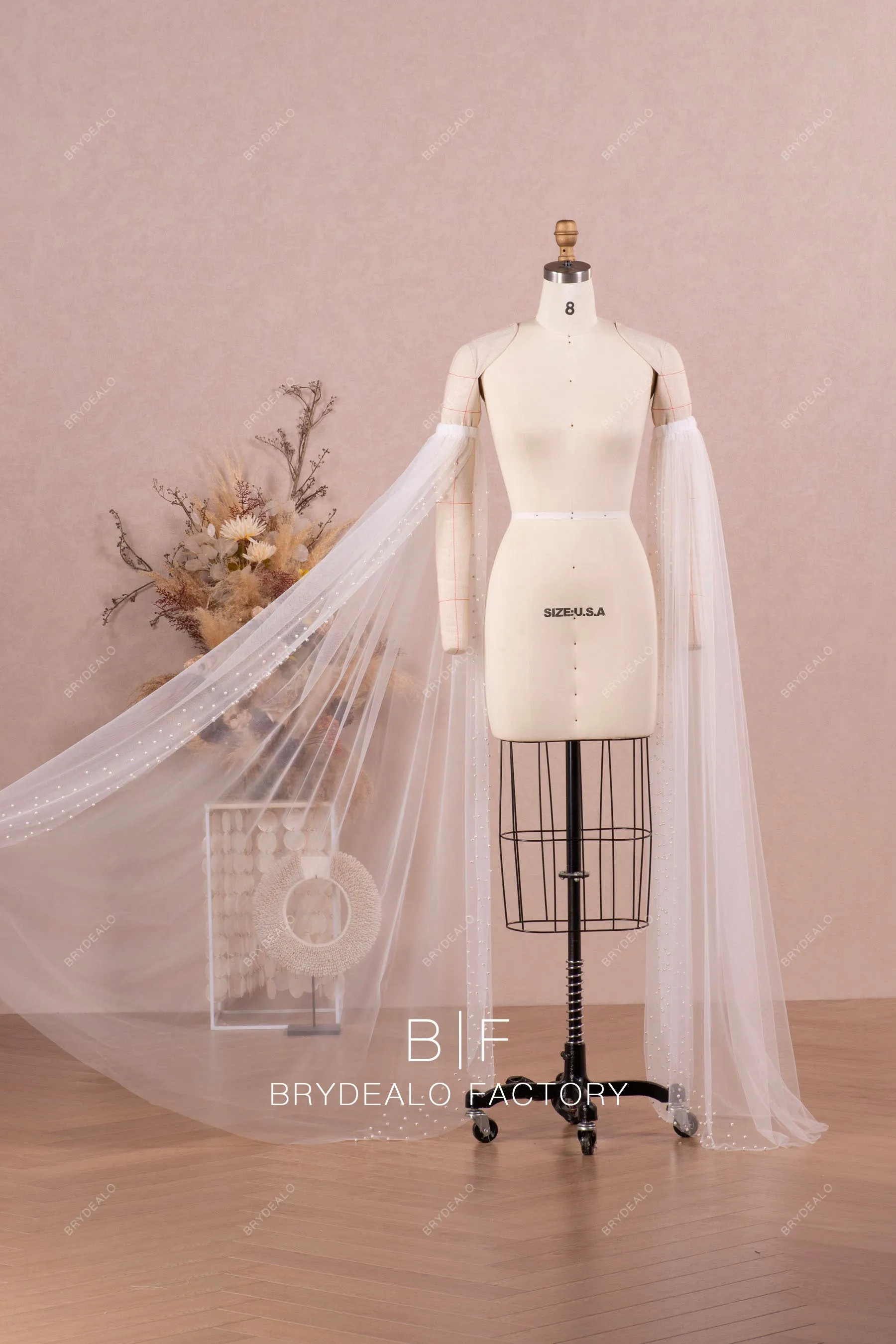 Elegant Floor-Length Bridal Tulle Pearl Bell Sleeves