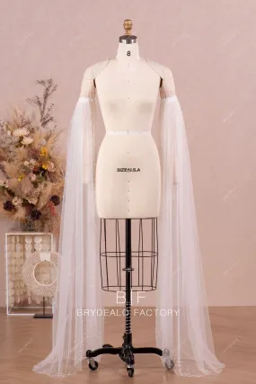 Elegant Floor-Length Bridal Tulle Pearl Bell Sleeves