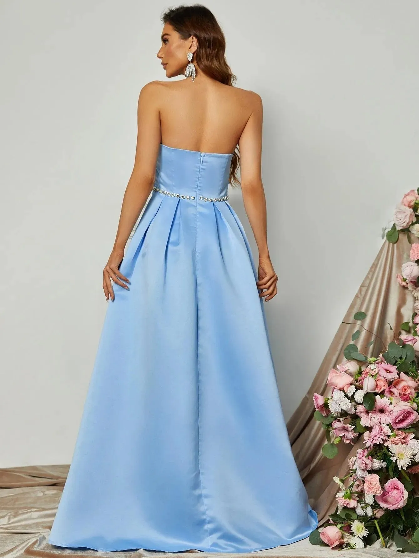 Elegant Ruched Front Satin A Line Tube Dress