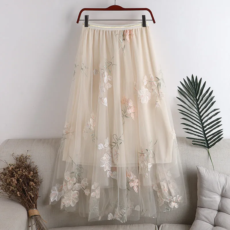 Embroidered Flower Mesh Fluffy Mid-length Skirt Women's Skirt 737