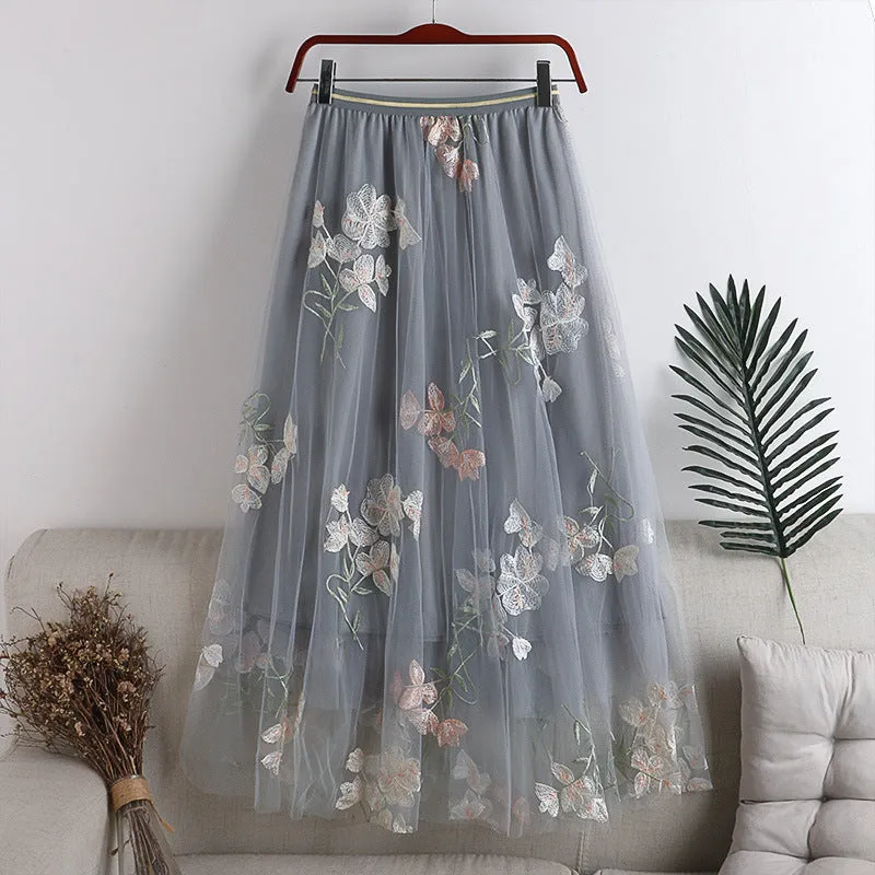 Embroidered Flower Mesh Fluffy Mid-length Skirt Women's Skirt 737