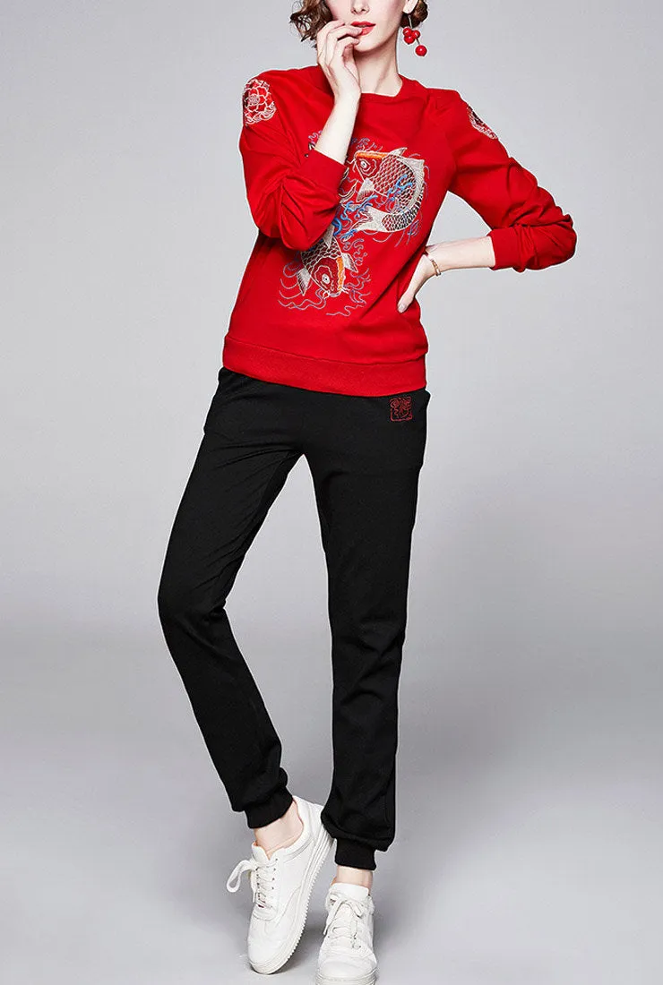 Embroidered Long Sleeve T-Shirt & Slim-Fit Joggers Suits