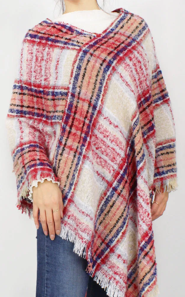 EPC10022 Plaid Woven Poncho with Short Trim