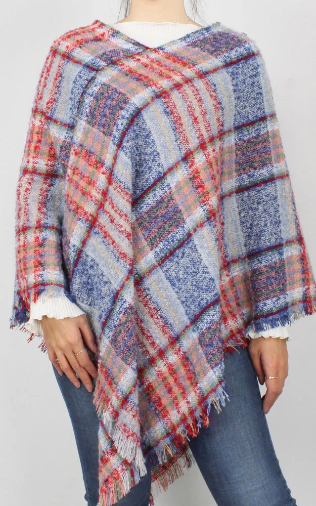 EPC10022 Plaid Woven Poncho with Short Trim