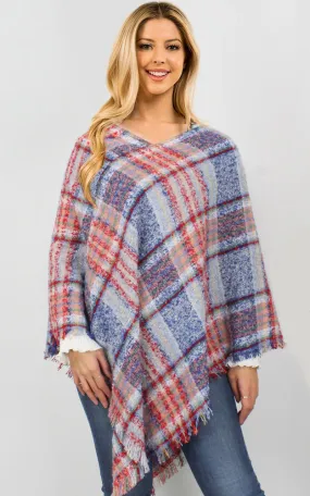 EPC10022 Plaid Woven Poncho with Short Trim