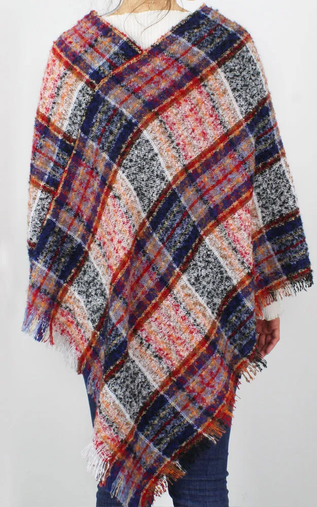 EPC10022 Plaid Woven Poncho with Short Trim