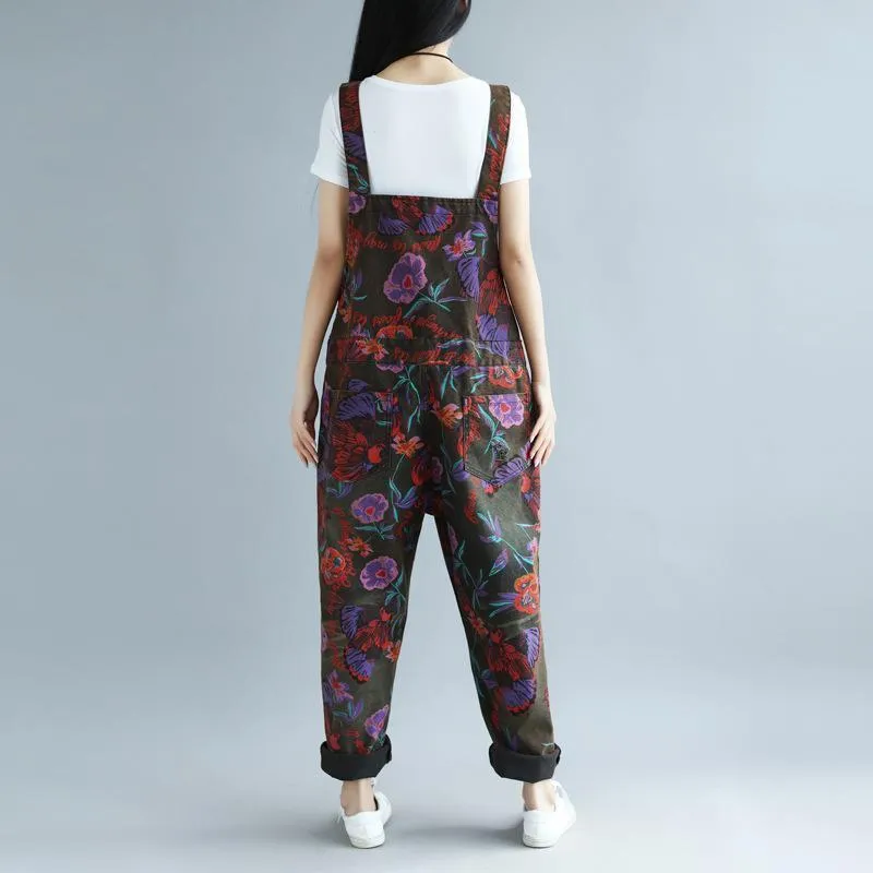 Floral Printed Loose Denim Overall