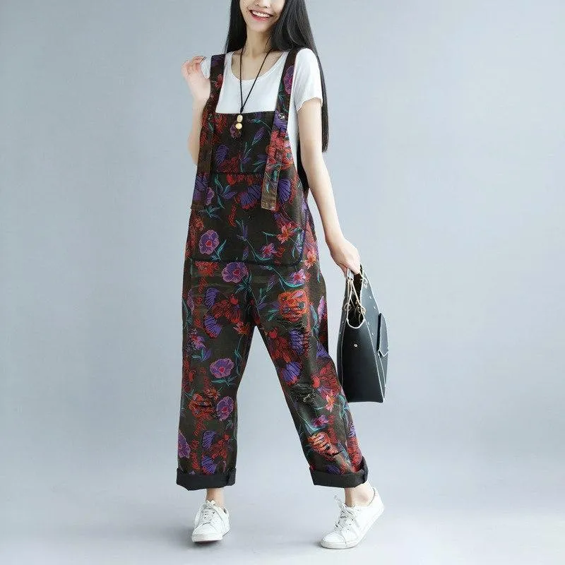 Floral Printed Loose Denim Overall