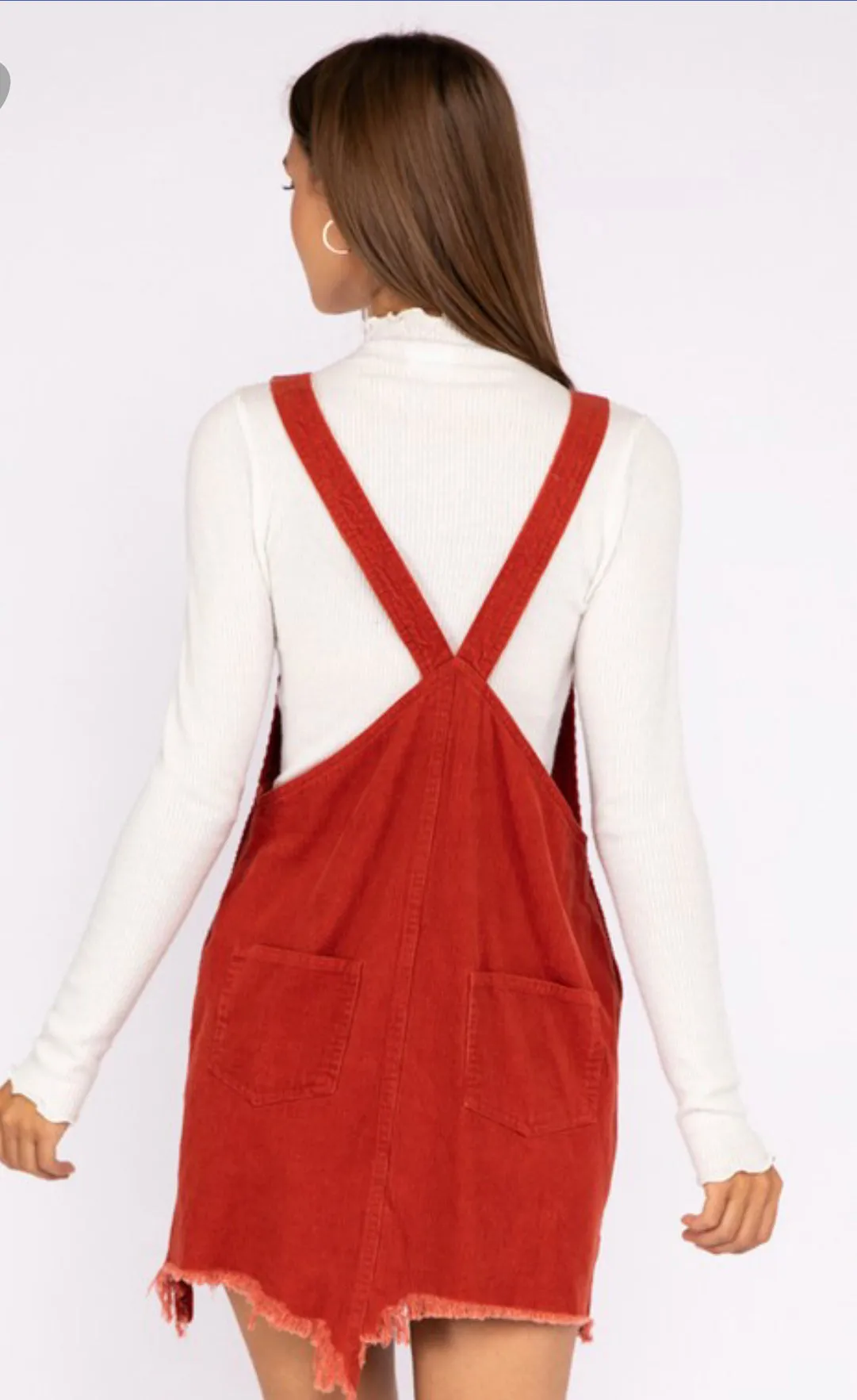 Frayed Corduroy Overall Dress - Burnt Orange