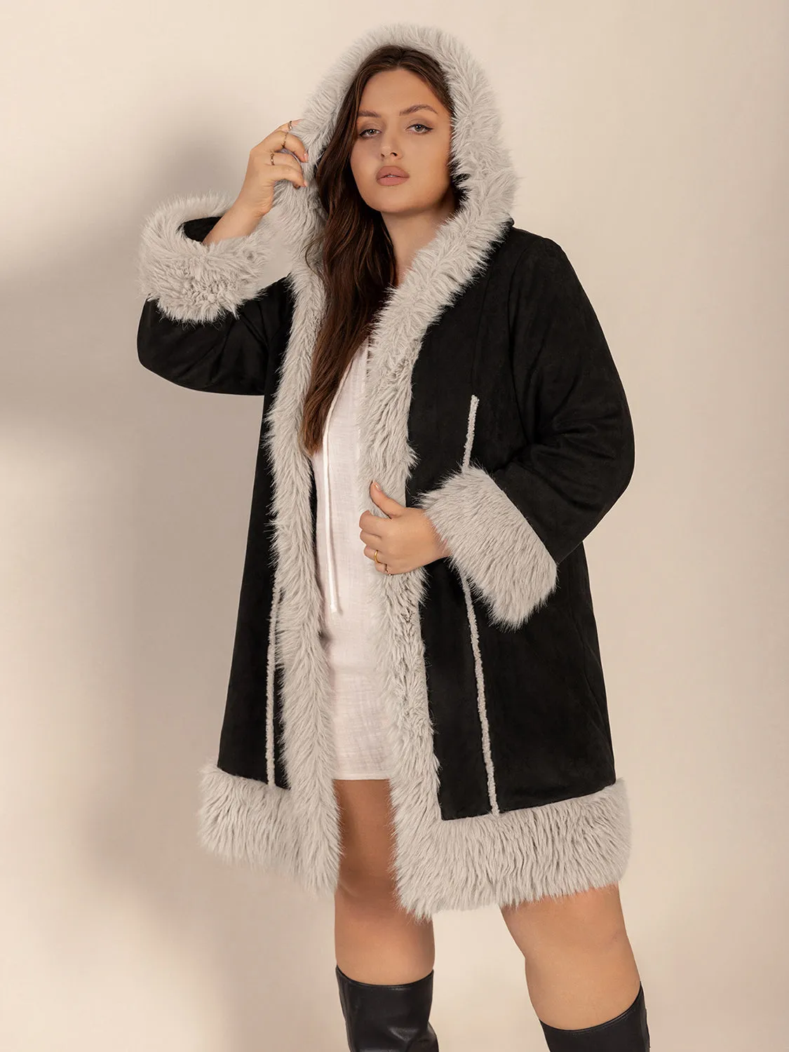 Fuzzy Trim Open Front Long Sleeve Hooded Coat