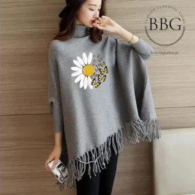 Grey Daisy Flower Printed Poncho