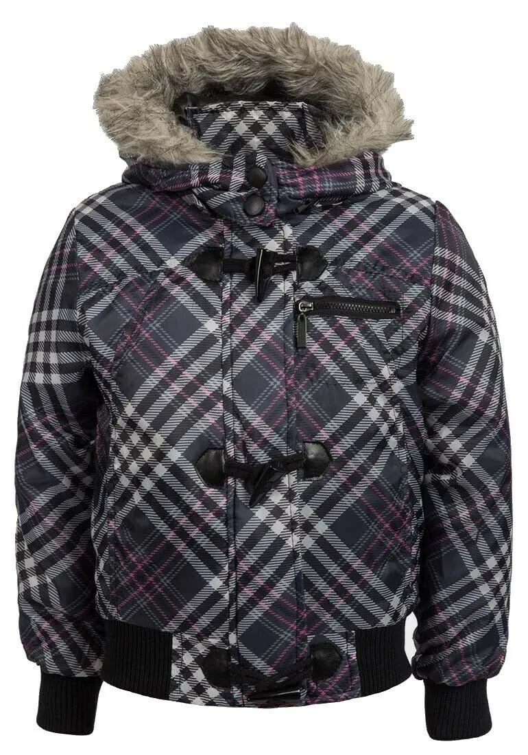 Grey Multi Check Padded Furry Detachable Hood Jacket