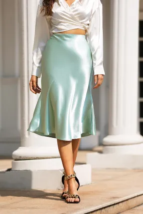 High Waist Silky Satin Fishtail Midi Skirt Mint