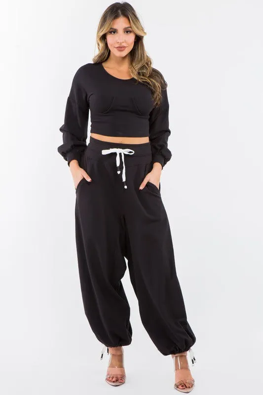 High Waisted Baggy French Terry Pants Black