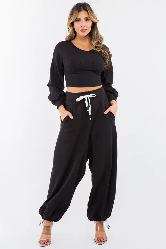 High Waisted Baggy French Terry Pants Black