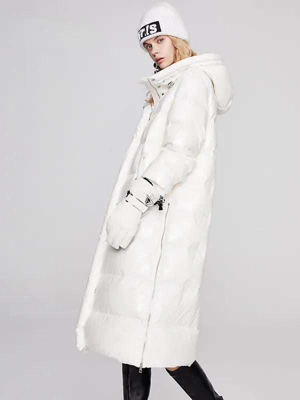 Hooded White Duck Down Long Warm Jacket