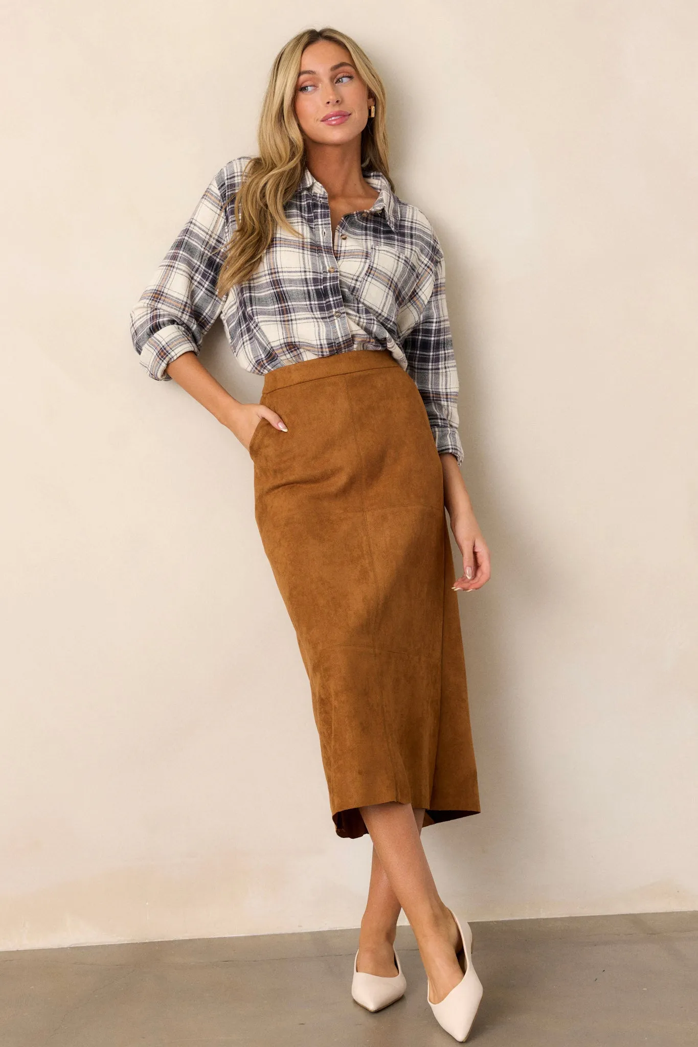 I'm Telling You Caramel Brown Faux Suede Midi Skirt