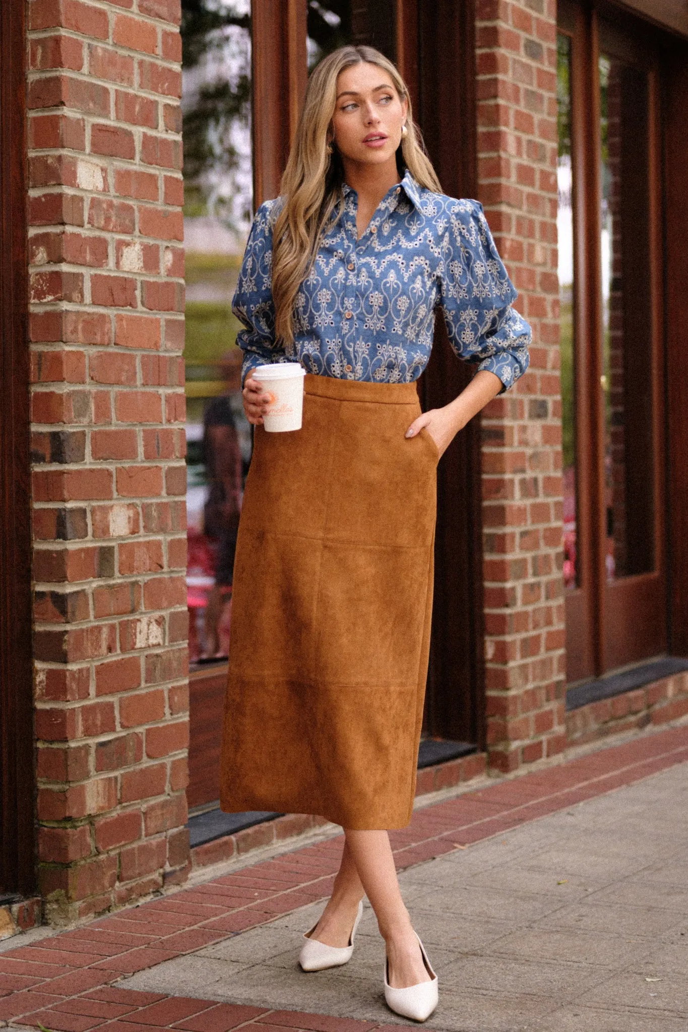 I'm Telling You Caramel Brown Faux Suede Midi Skirt