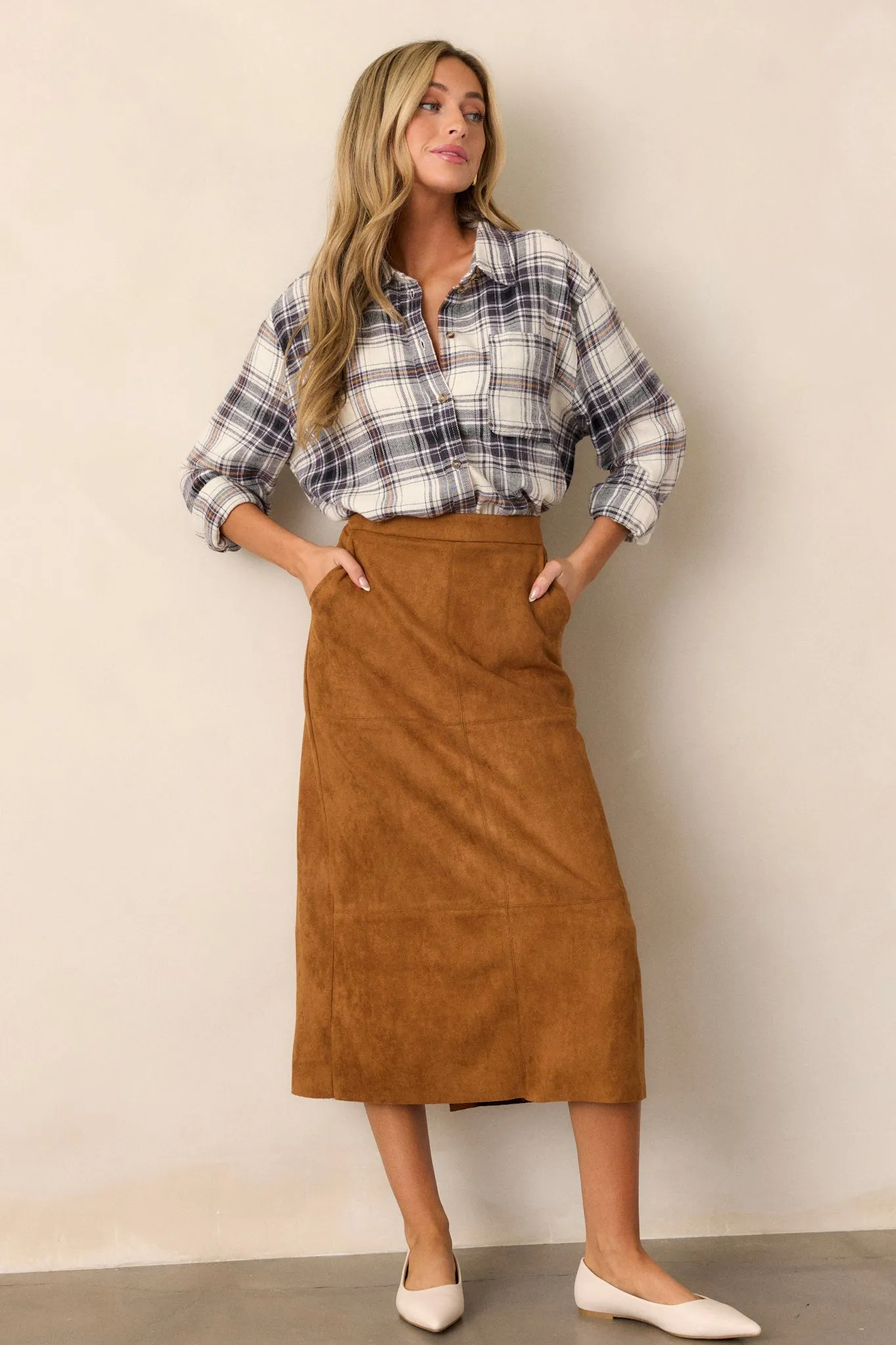 I'm Telling You Caramel Brown Faux Suede Midi Skirt