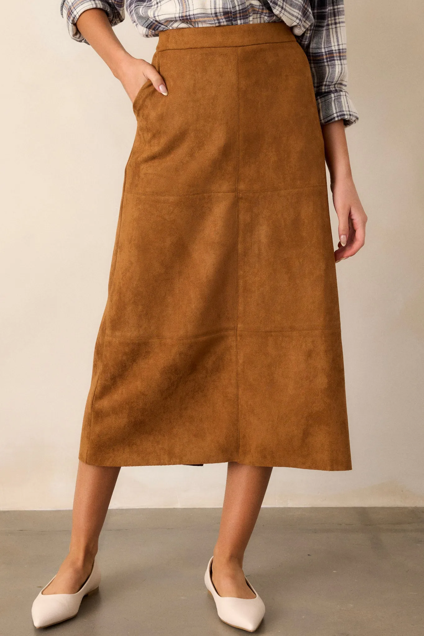 I'm Telling You Caramel Brown Faux Suede Midi Skirt