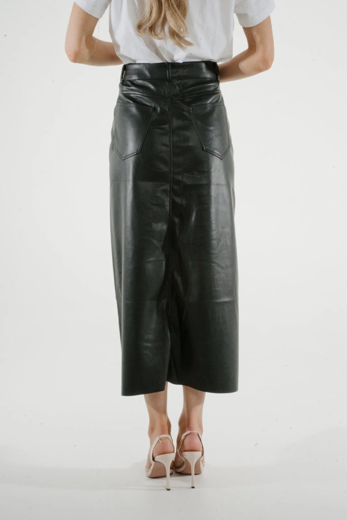 Jane Faux Leather Midi Skirt In Black