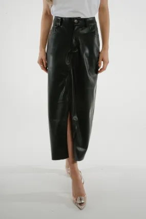 Jane Faux Leather Midi Skirt In Black