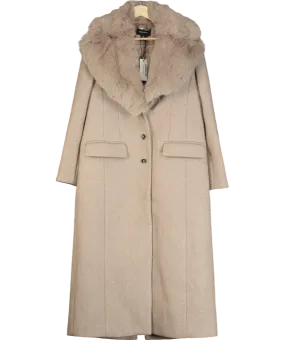 Karen Millen Beige Wool Blend Fur Trim Collar Tailored Midi Coat UK 8