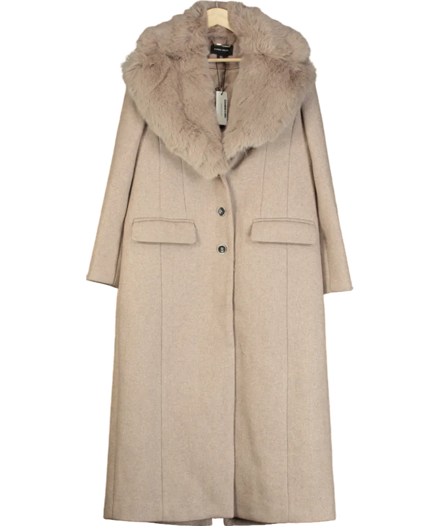 Karen Millen Beige Wool Blend Fur Trim Collar Tailored Midi Coat UK 8