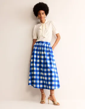 Layla Cotton Sateen Skirt-Nautical blue, Ivory Gingham