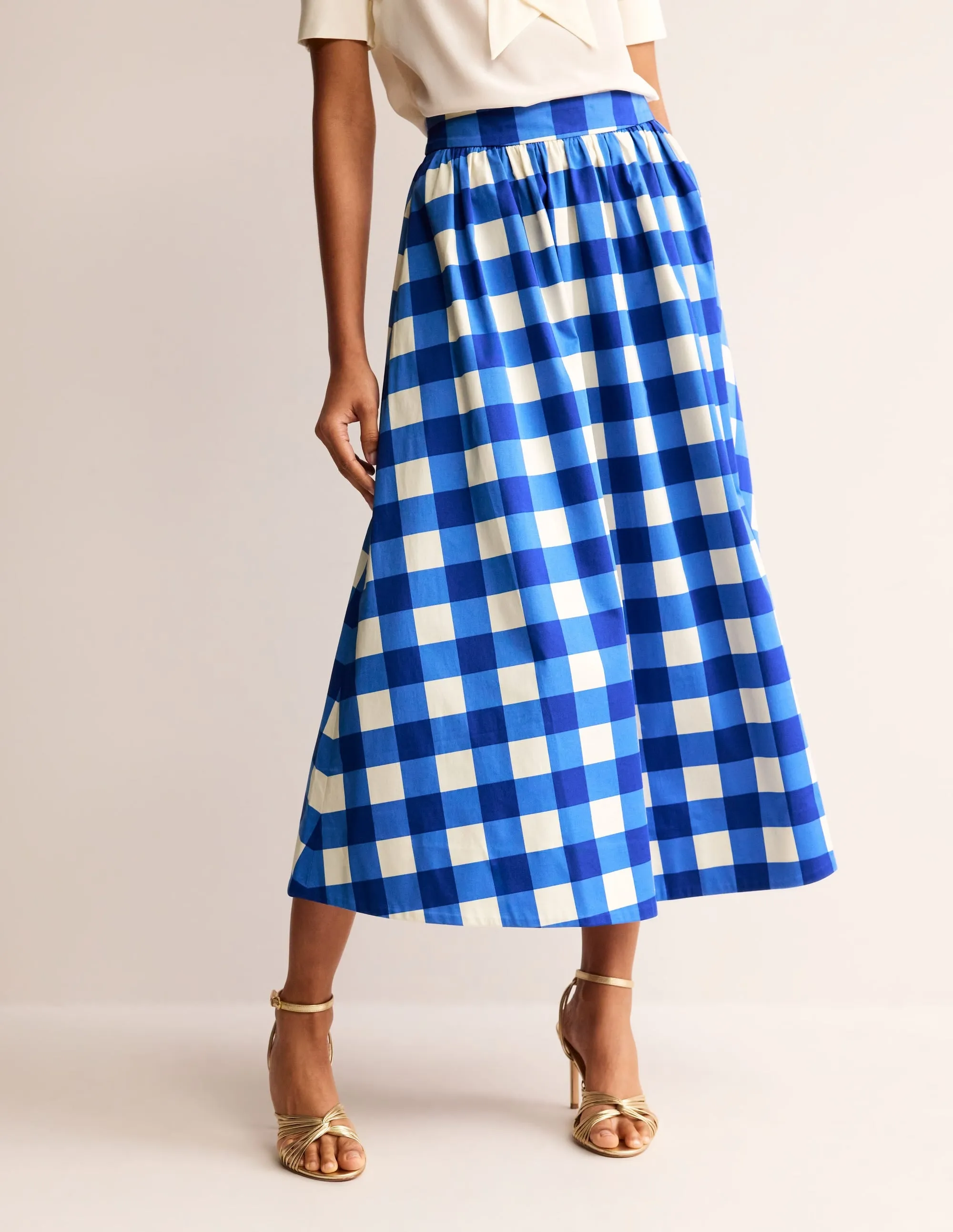 Layla Cotton Sateen Skirt-Nautical blue, Ivory Gingham