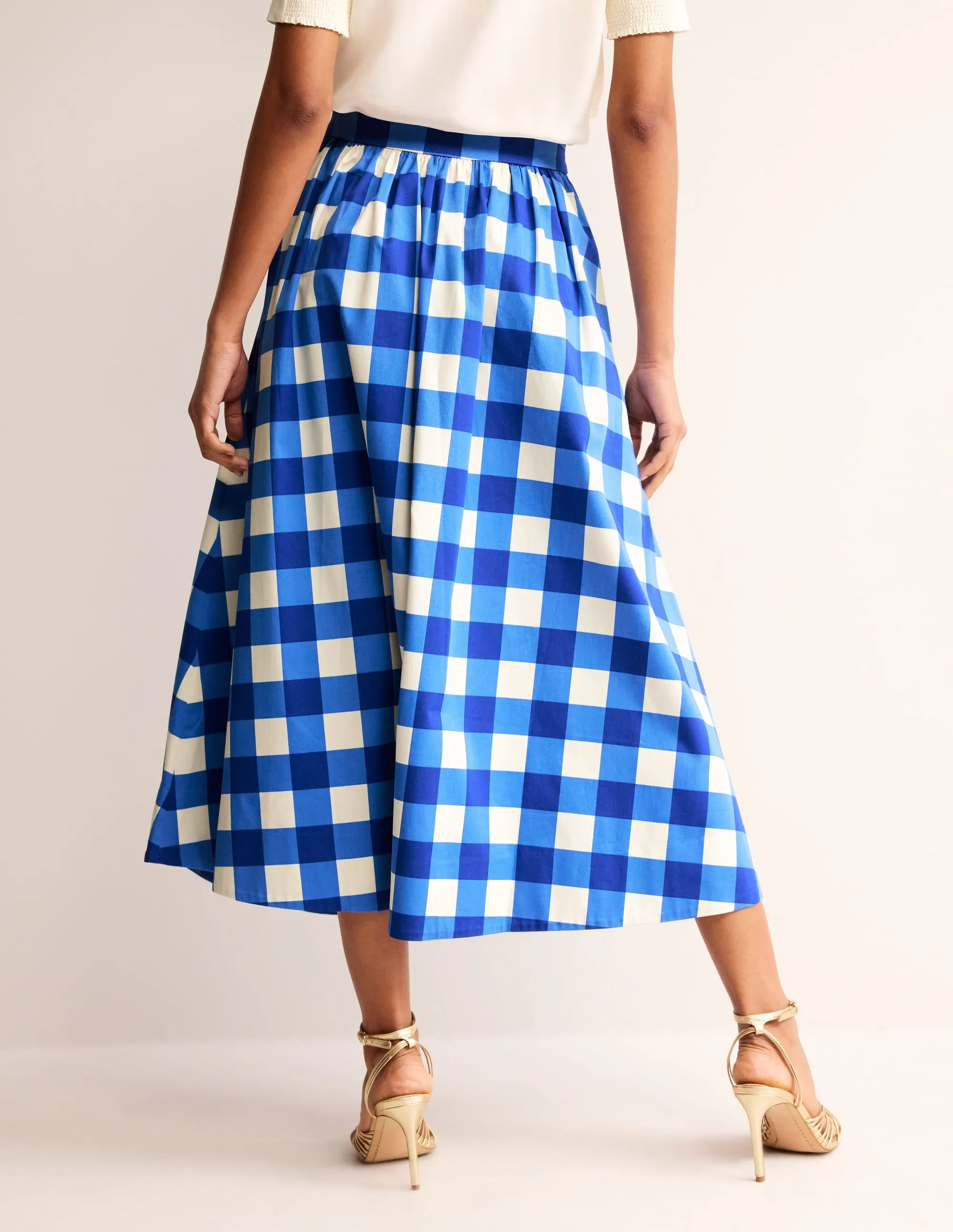 Layla Cotton Sateen Skirt-Nautical blue, Ivory Gingham