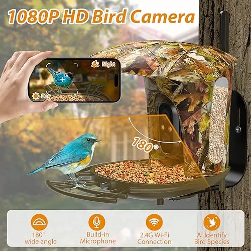 lollyes AI Smart Bird Feeder Camera with 64G Card, 1080P HD AI Identify Bird Species, Bird House with 7W Solar Panel for Wild Bird Watching, Outdoor, Garden, Bird Lover(Maple Leaf Pattern)