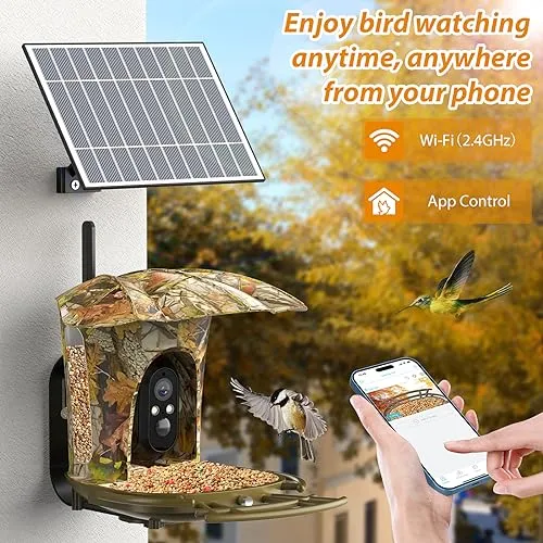 lollyes AI Smart Bird Feeder Camera with 64G Card, 1080P HD AI Identify Bird Species, Bird House with 7W Solar Panel for Wild Bird Watching, Outdoor, Garden, Bird Lover(Maple Leaf Pattern)