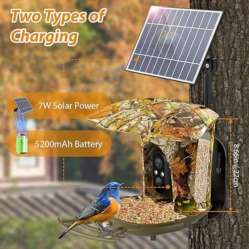 lollyes AI Smart Bird Feeder Camera with 64G Card, 1080P HD AI Identify Bird Species, Bird House with 7W Solar Panel for Wild Bird Watching, Outdoor, Garden, Bird Lover(Maple Leaf Pattern)