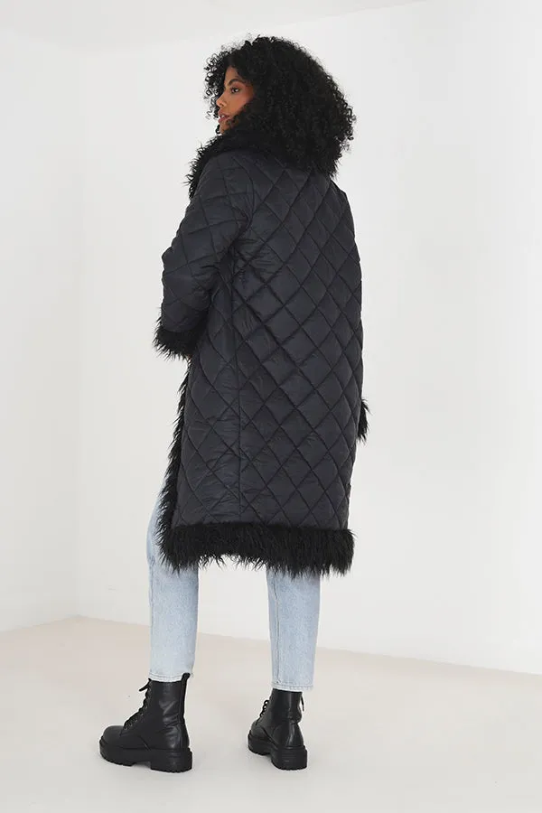 LONG QUILTED COAT WITH MONGOLIAN FAUX FUR TRIMS