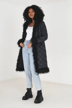 LONG QUILTED COAT WITH MONGOLIAN FAUX FUR TRIMS