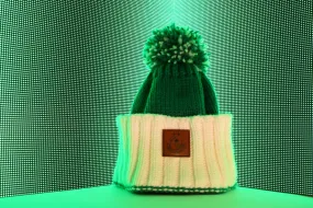 Loose Knit Green & White Bobble Beanie