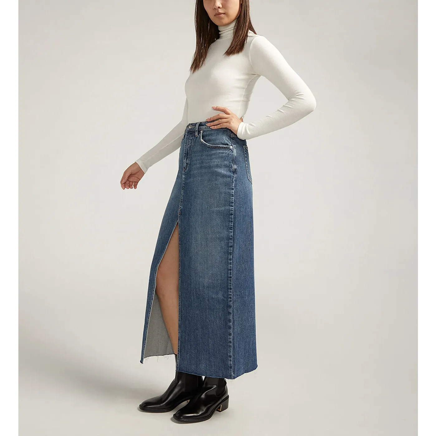 Mid Blue Front Slit Maxi Denim Skirt