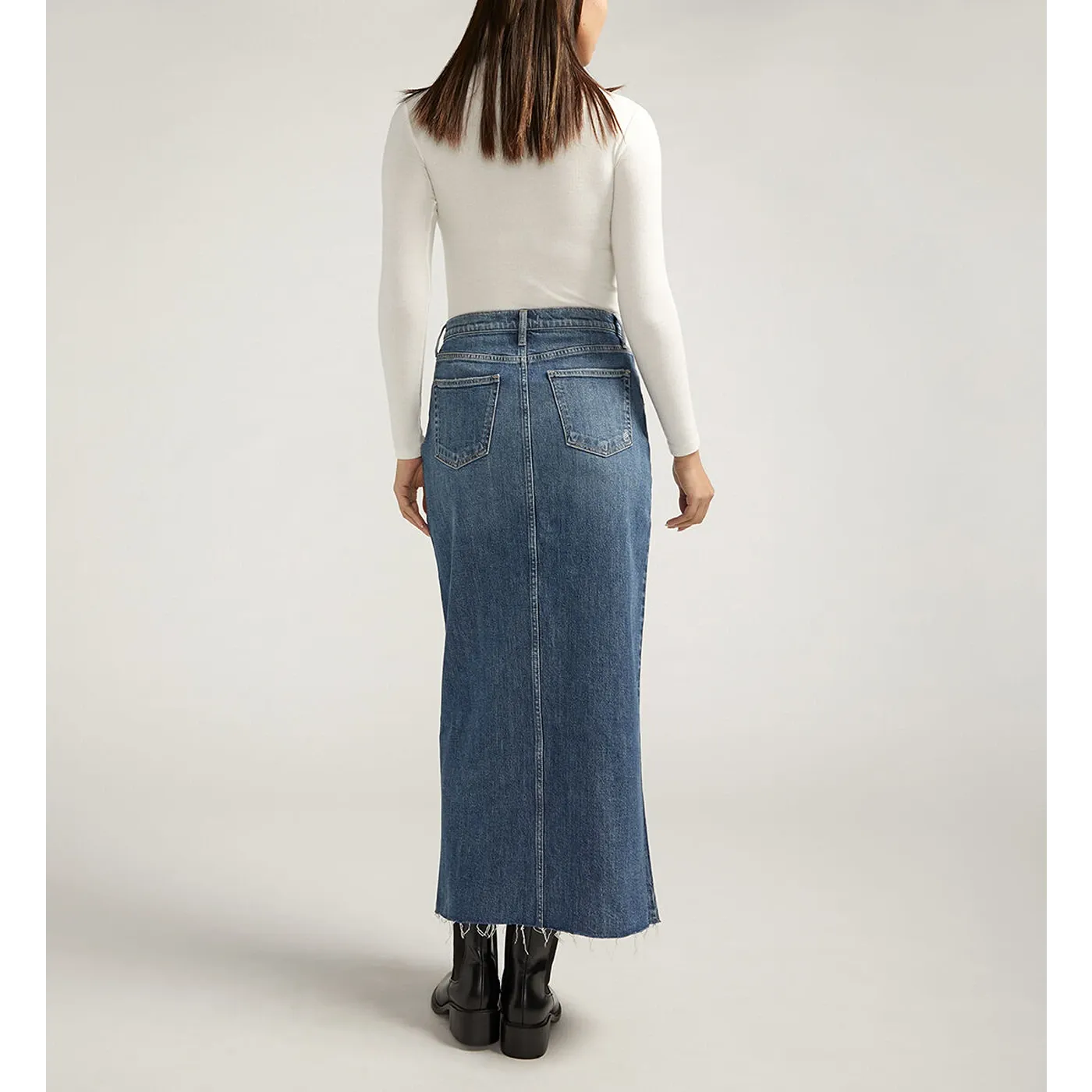 Mid Blue Front Slit Maxi Denim Skirt