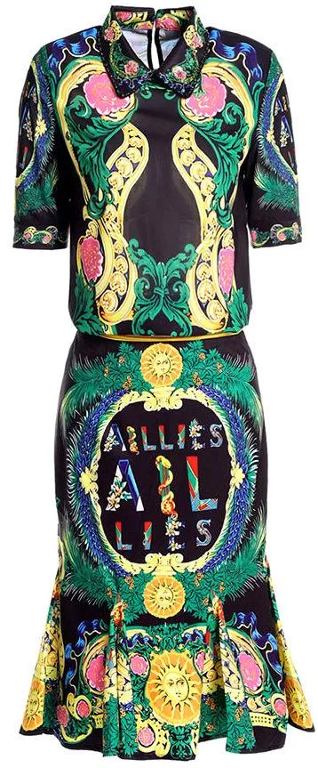 Multi Colored Print Short-Sleeve Top and Skirt Set, Black